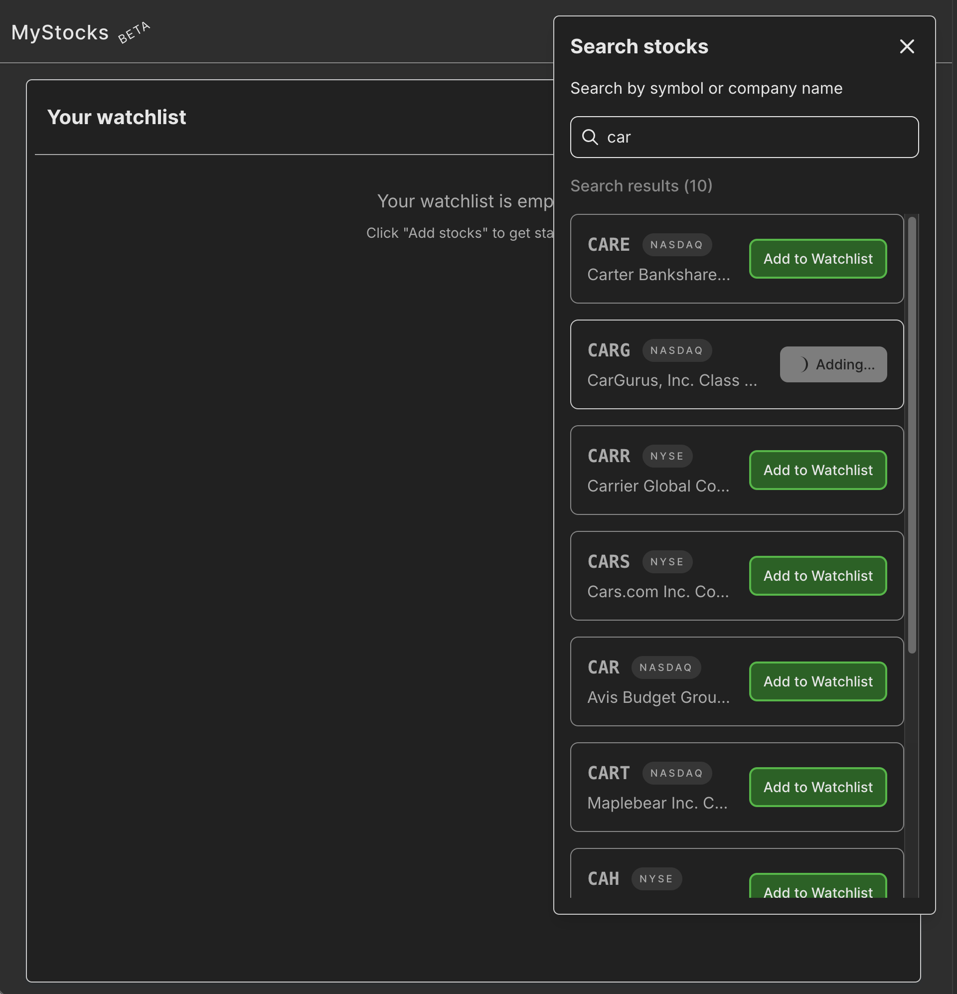 MyStocks screenshot of the search box on desktop